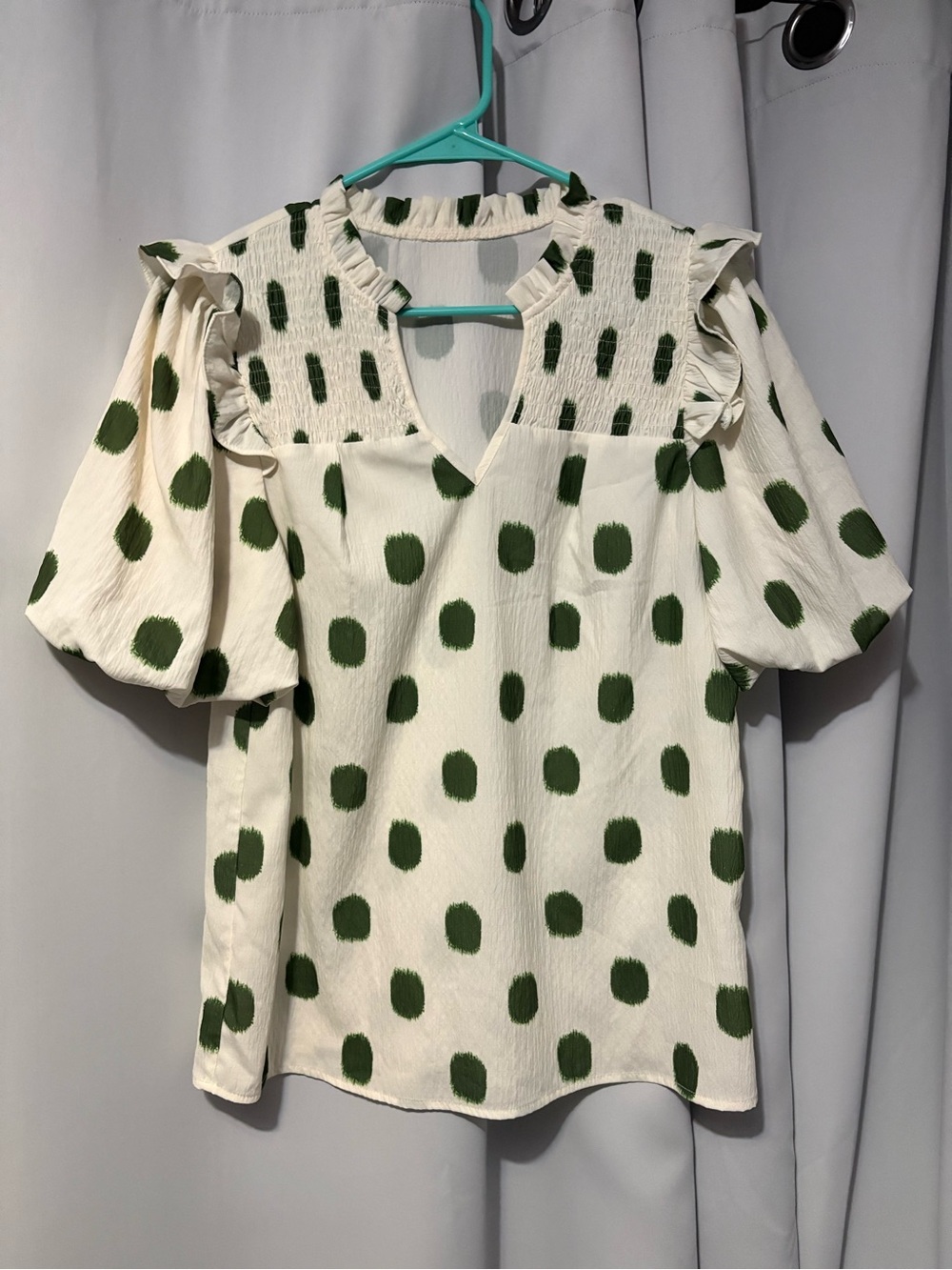 Polka Dot Ruffle Yoke Blouse in Cream and Green